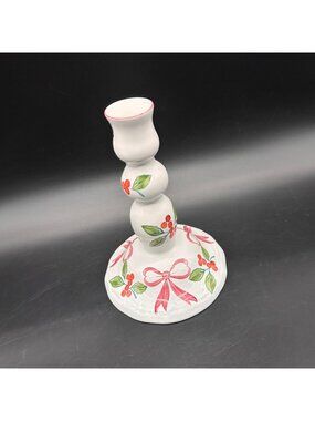 Herend Hungary Christmas Candle Holder Holly Bow Hand Painted Pottery Red Green